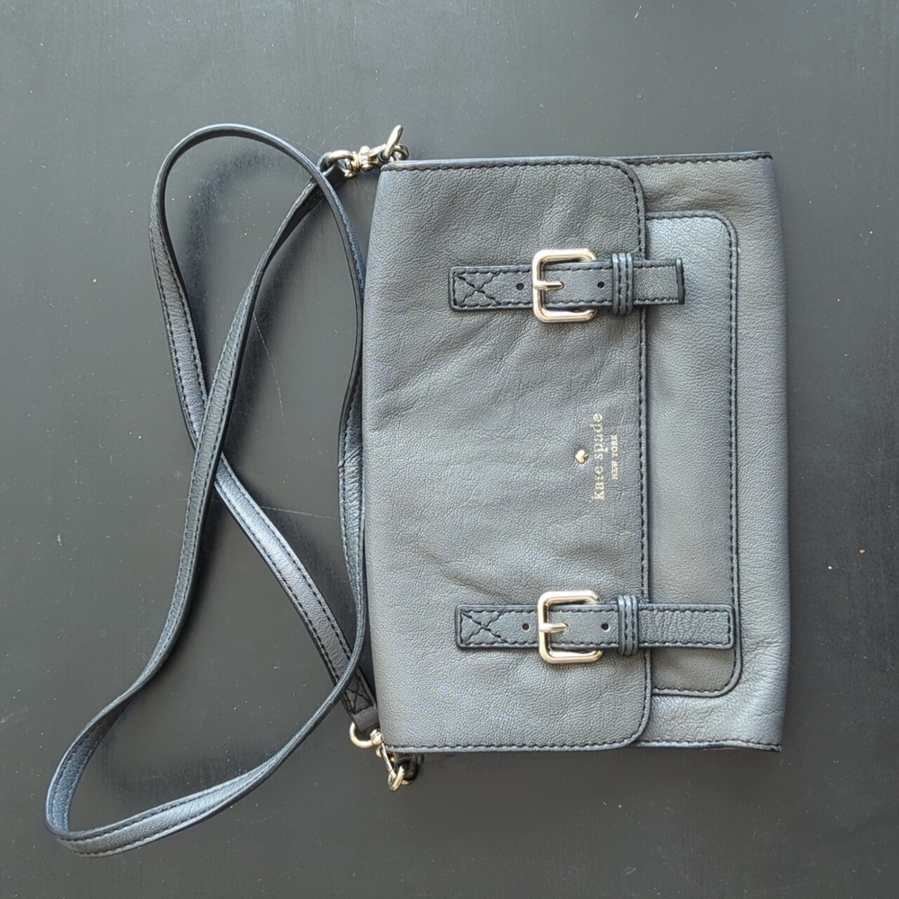 Used Kate Spade flap clutch/crossbody leather bag in dark gray